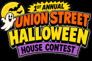 1st Annual Union Street Halloween House Contest logo with yellow moon, ghost, bats and bold lettering on black background