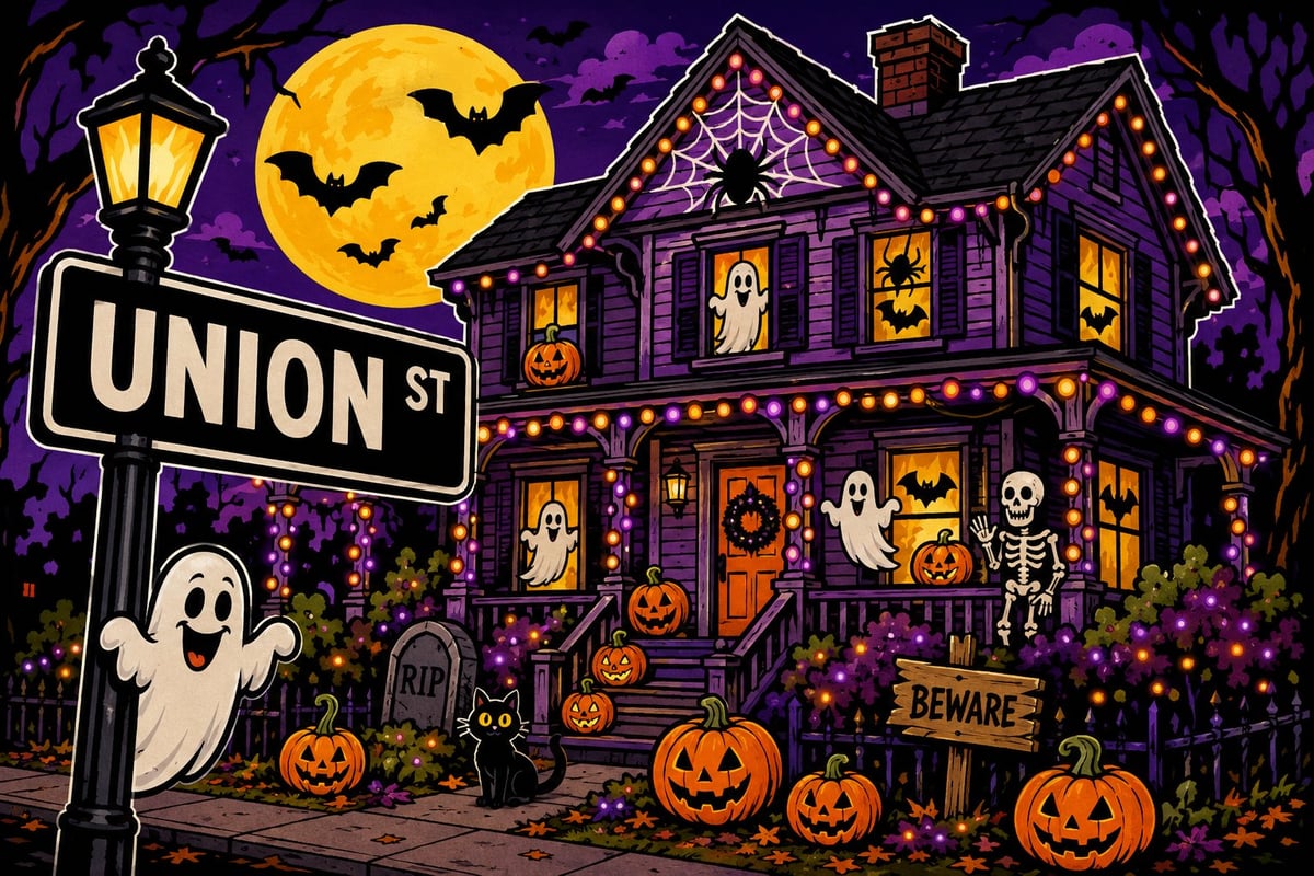 Spooky haunted house decorated for Halloween with glowing pumpkins, ghosts, bats, and purple lighting on Union Street